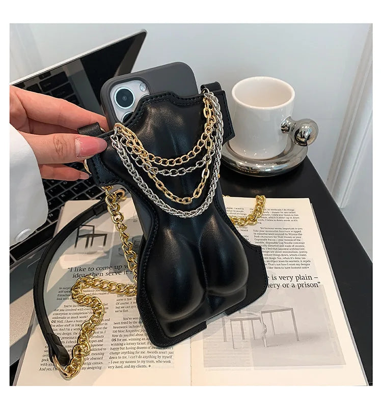 Chic Black Chain Handbags For Women's Messenger Bags Female Shoulder Bag Mobile Phone Bag Small Crossbody Wallet