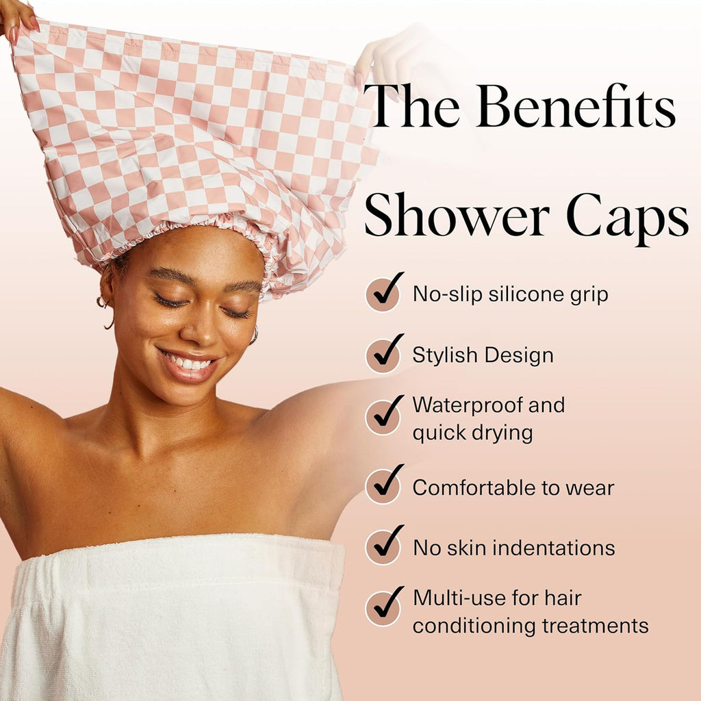 Waterproof Three-Layer Bath Cap with Silk-Like Lining and Checkered Design, Premium Hair Care Cap
