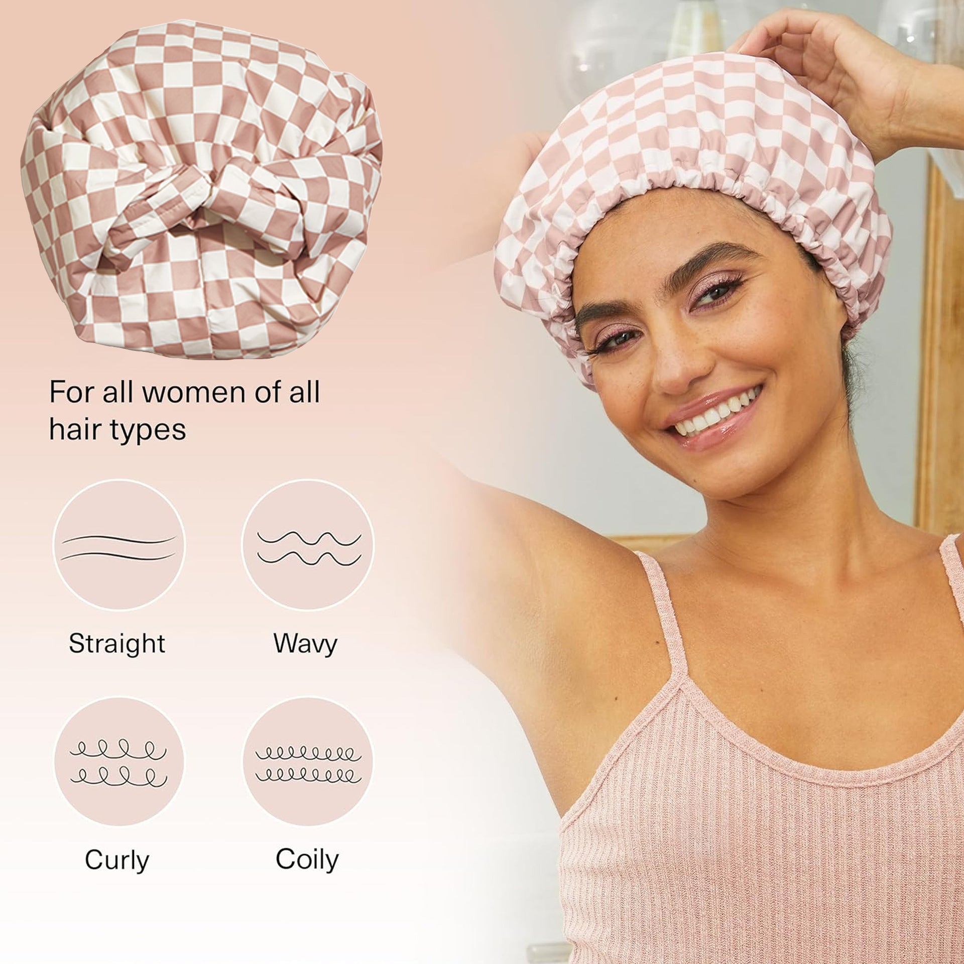 Waterproof Three-Layer Bath Cap with Silk-Like Lining and Checkered Design, Premium Hair Care Cap